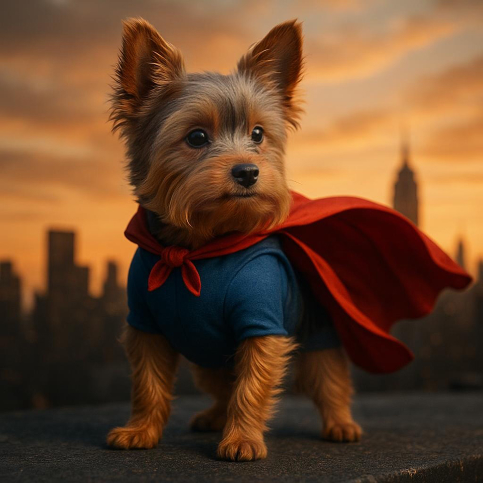 Superhero style Yorkshire Terrier portrait result with cape and heroic accessories - AI generated dog art